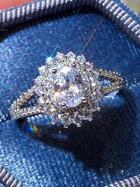 🎁S925 SILVER GLAM OVAL CUT DOUBLE HALO 💎ENGAGEMENT RING SPLIT SHANK BAND, K896